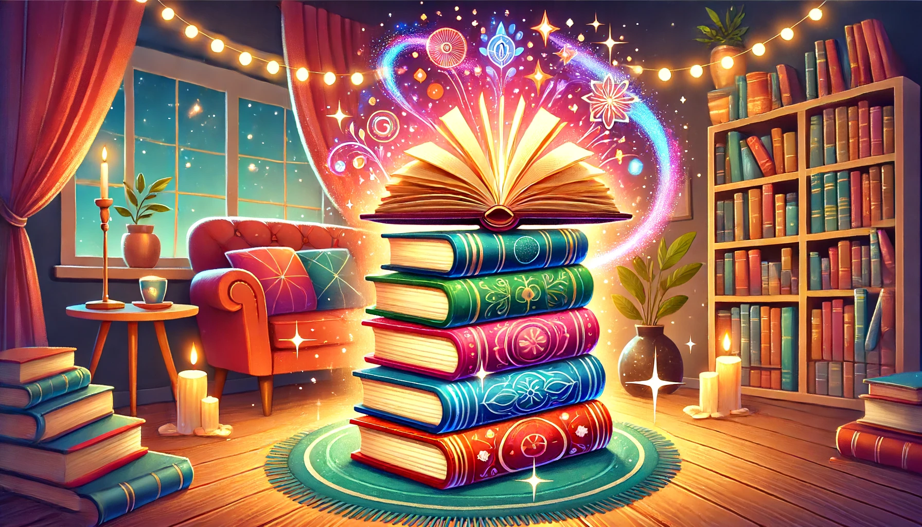 A stack of brightly colored books sits on a round rug in a cozy, dimly lit room. The top book glows and emits magical sparkles. The room has a window with starry night sky, shelves filled with books, candles, string lights, and potted plants for a whimsical atmosphere.