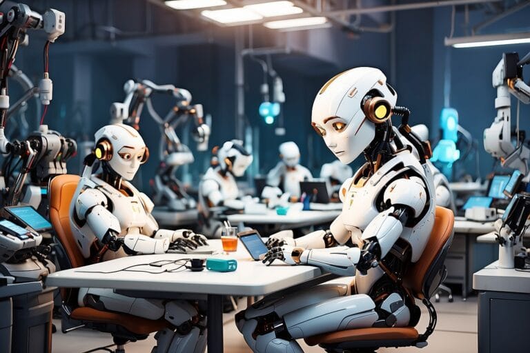 A futuristic scene in a high-tech lab features humanoid robots with orange and white exteriors, seated at desks, and working on various electronic devices. Among them is an expert AI whisperer, seamlessly guiding the robots. Robotic arms and advanced machinery are visible in the background, highlighting a highly automated environment.