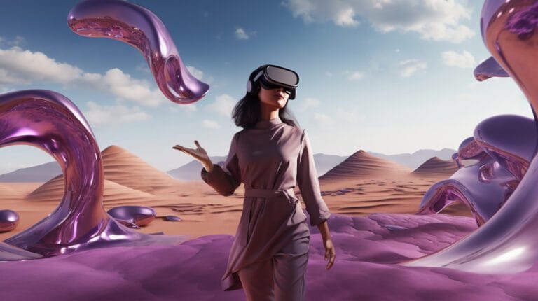 A person wearing a Meta Quest 3 VR headset stands in a futuristic, surreal desert landscape with purple, metallic-looking structures and swirling forms. The sky is filled with scattered clouds, and distant sand dunes are visible on the horizon, capturing the essence of 2024's immersive experiences.