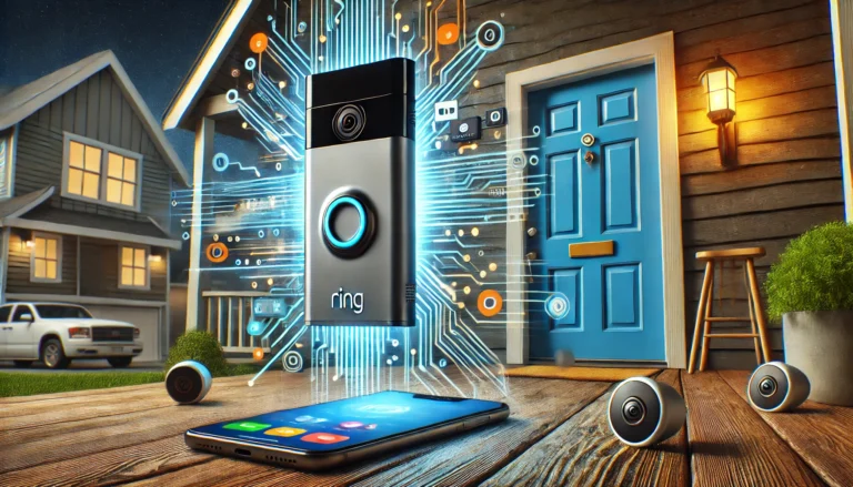 A futuristic depiction of a smart Ring doorbell in front of a house. The doorbell emits digital circuits connecting to a smartphone displaying its interface. Other smart home devices, like cameras, are present, spotlighting the benefits and ease of installation within a connected home ecosystem.
