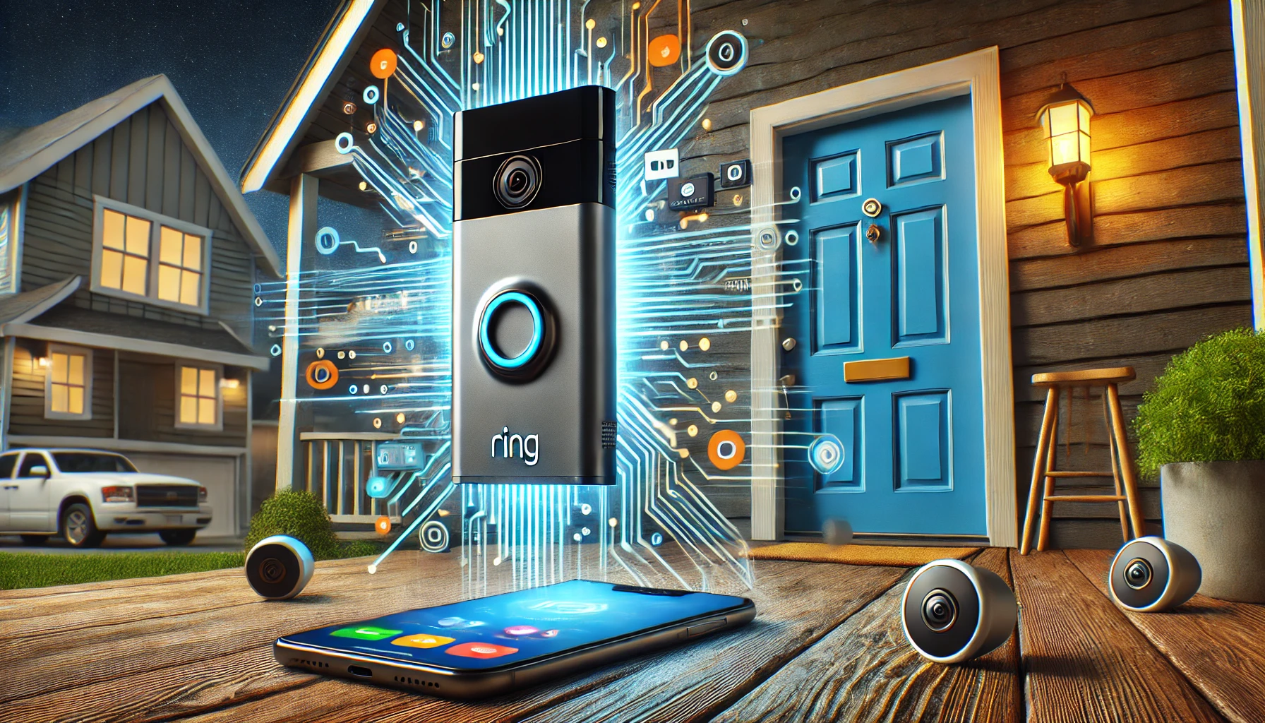 A futuristic depiction of a smart Ring doorbell in front of a house. The doorbell emits digital circuits connecting to a smartphone displaying its interface. Other smart home devices, like cameras, are present, spotlighting the benefits and ease of installation within a connected home ecosystem.
