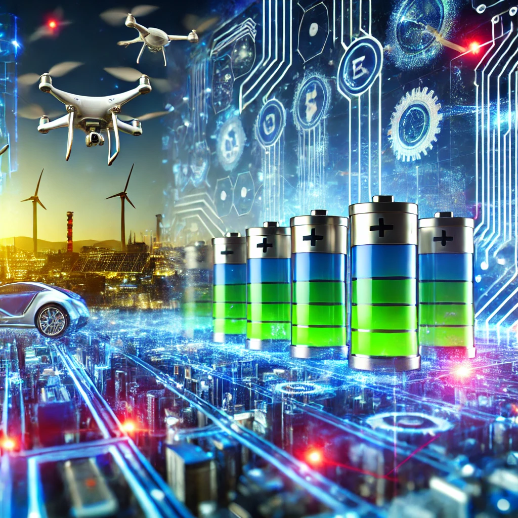 A futuristic scene showing a digital landscape with green and blue battery icons, a futuristic car, drones, and wind turbines in the background. Circuit patterns and technology symbols overlay the scene, suggesting innovations in renewable energy and smart technology.