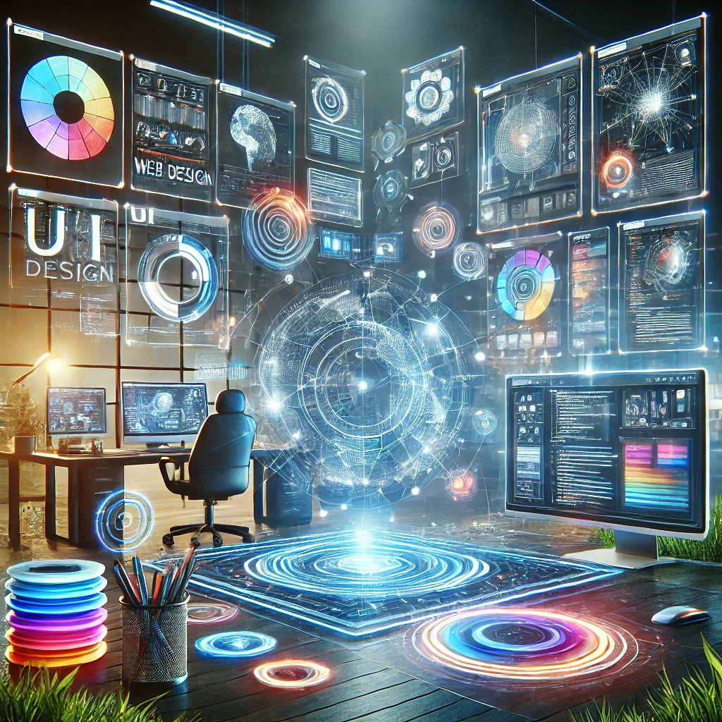 A futuristic computer workstation brimming with multiple holographic screens displays data, graphs, and design elements. The dark room is illuminated by vibrant lights and colorful tech gadgets, creating a high-tech, immersive environment perfect for web design tutorials or experimenting with Bootstrap 5.