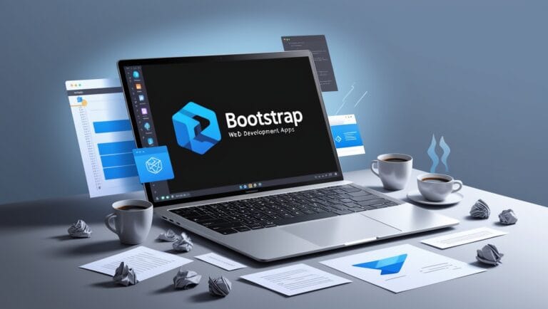 A sleek laptop displaying the Bootstrap framework logo and text "Web Development Apps" on its screen. The workspace features coffee cups, crumpled paper, documents, a smartphone, and floating icons, conveying a dynamic and modern web development environment embracing the latest trends of 2024.