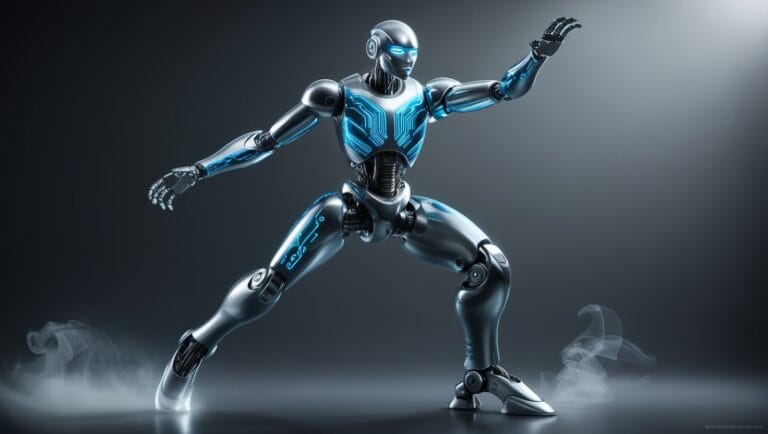 A sleek, humanoid robot in a dynamic pose with one arm extended and one leg bent. The Tesla Robot features futuristic blue accents and glowing eyes, set against a dark, misty background. The design is highly detailed and metallic, showcasing advanced AI technology.