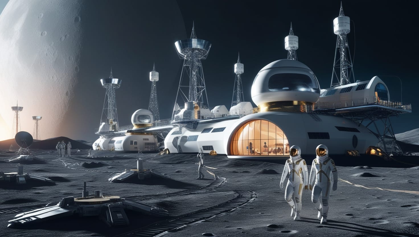 Astronauts walk on a moon base featuring futuristic buildings, communication towers, and vehicles on the rocky lunar surface. The Earth is visible in the far distance against a starry sky, lending a sense of scale and isolation to this advanced colony—a pivotal step forward in space travel.