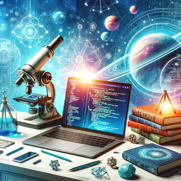 A desk filled with a variety of scientific items: an open laptop displaying colorful code, a microscope, books, a flask, geometric models, and various writing tools. The background features a vivid outer space scene with planets, stars, and scientific diagrams.