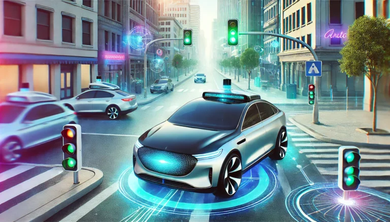 Futuristic city intersection featuring an autonomous car at the crosswalk. The car is illuminated with blue lights and surrounded by holographic displays. Other vehicles highlight the future of transportation, with buildings in view and traffic lights showing green signals.