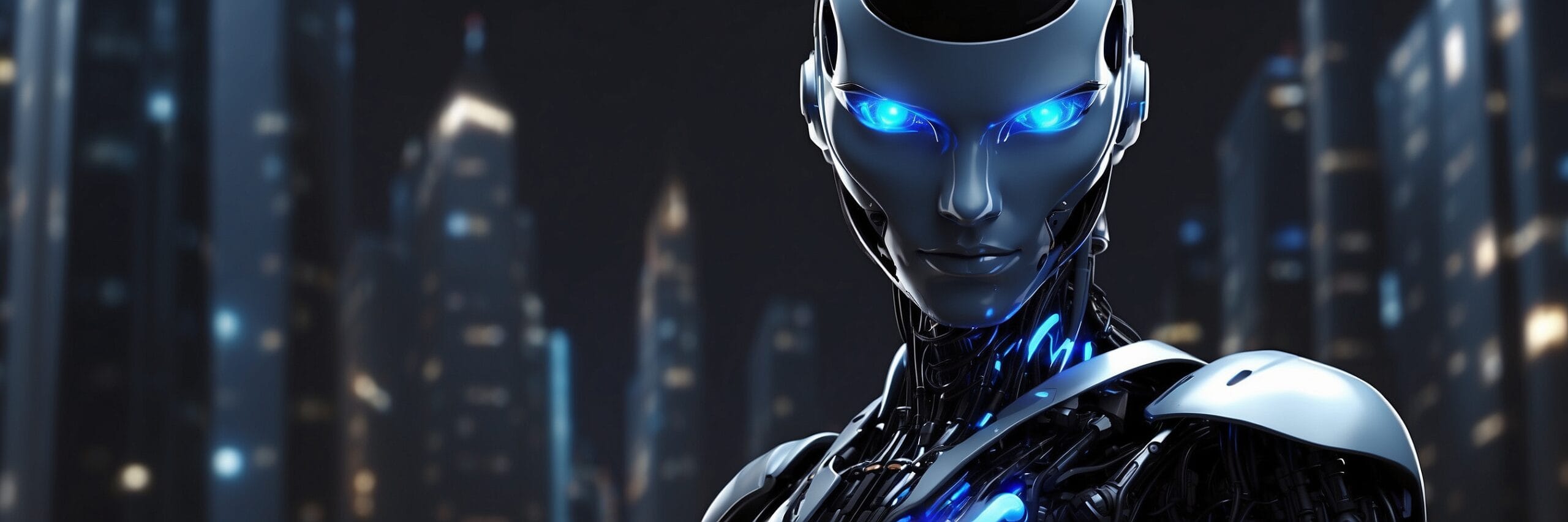 A sleek, futuristic humanoid robot with glowing blue eyes stands in a cityscape at night. The background features tall, blurred skyscrapers with illuminated windows, creating a modern and advanced atmosphere.