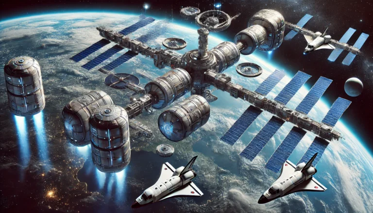 An artistic depiction of a futuristic space station orbiting Earth highlights the rise of private space stations. The station features cylindrical modules and numerous solar panels, with two space shuttles and three cylindrical spacecraft with blue thrusters docked nearby. Stars and Earth are visible.
