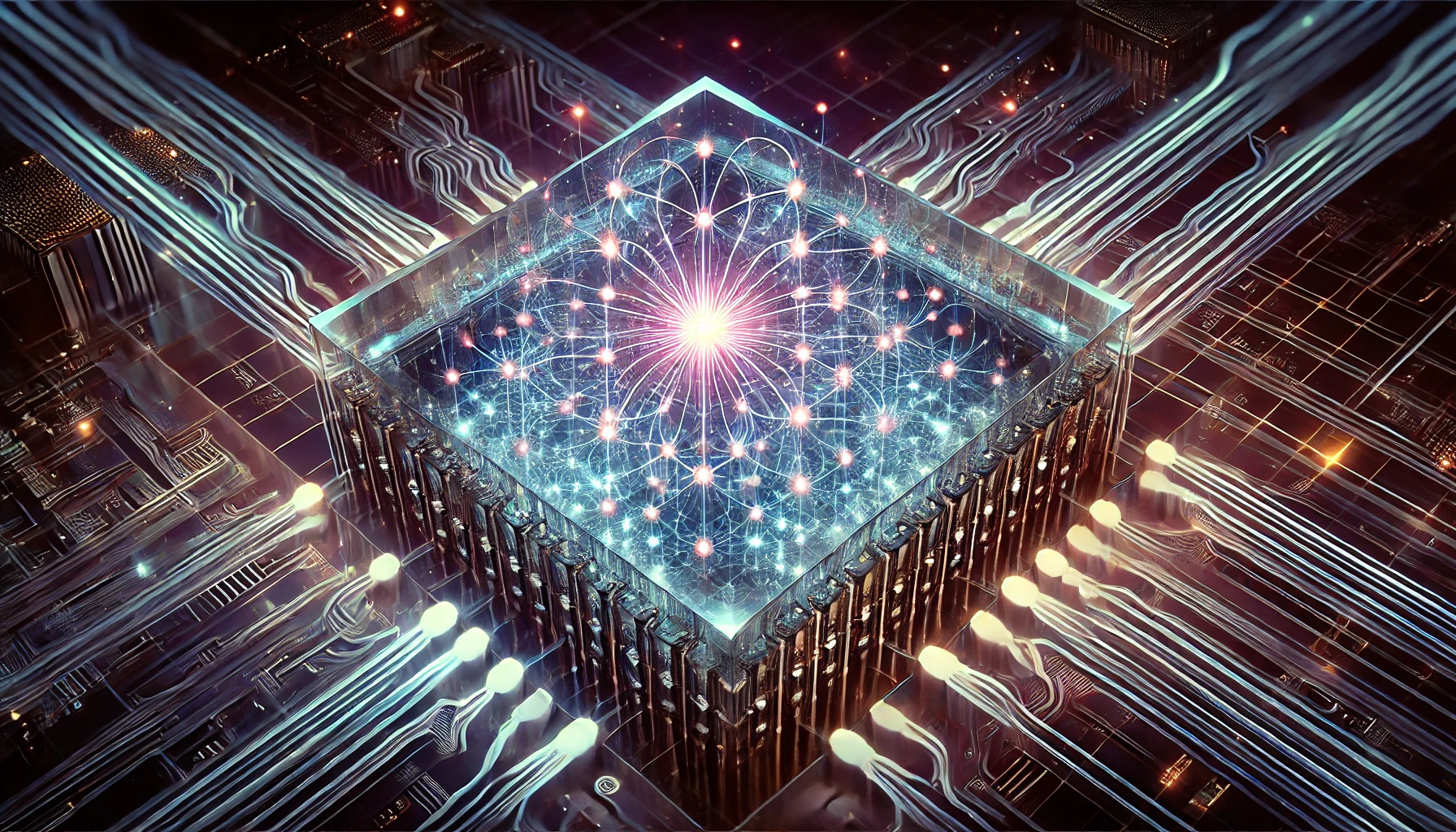 A glowing microchip emits vibrant light trails, symbolizing data transfer. The chip’s intricate design showcases a network of interconnected circuits and particles, representing the future of technology and quantum computing. The scene is futuristic, highly detailed, and suggests revolutionizing advancements.