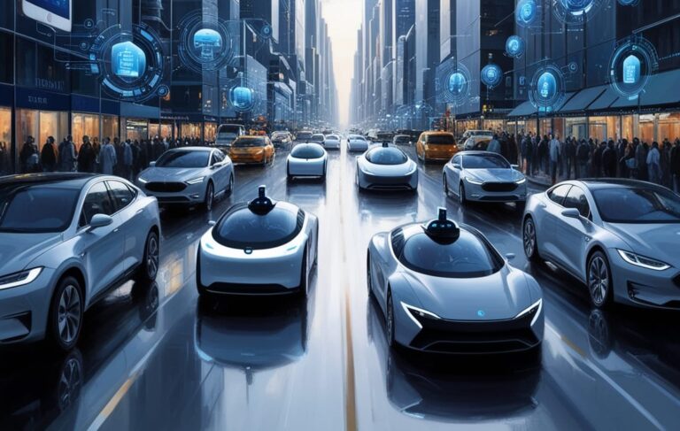 A futuristic city street filled with autonomous vehicles. Digital icons representing connectivity and various data hover above the cars. Skyscrapers line both sides of the road, with people walking along the sidewalks. A tall tower looms in the background, hinting at smart homes within.