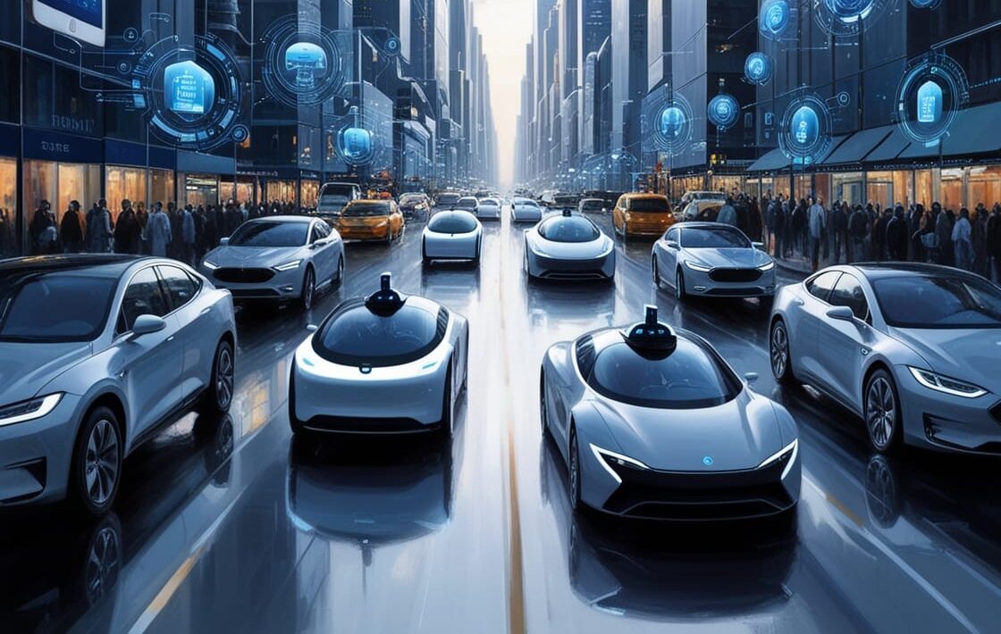 A futuristic city street filled with autonomous vehicles. Digital icons representing connectivity and various data hover above the cars. Skyscrapers line both sides of the road, with people walking along the sidewalks. A tall tower looms in the background, hinting at smart homes within.