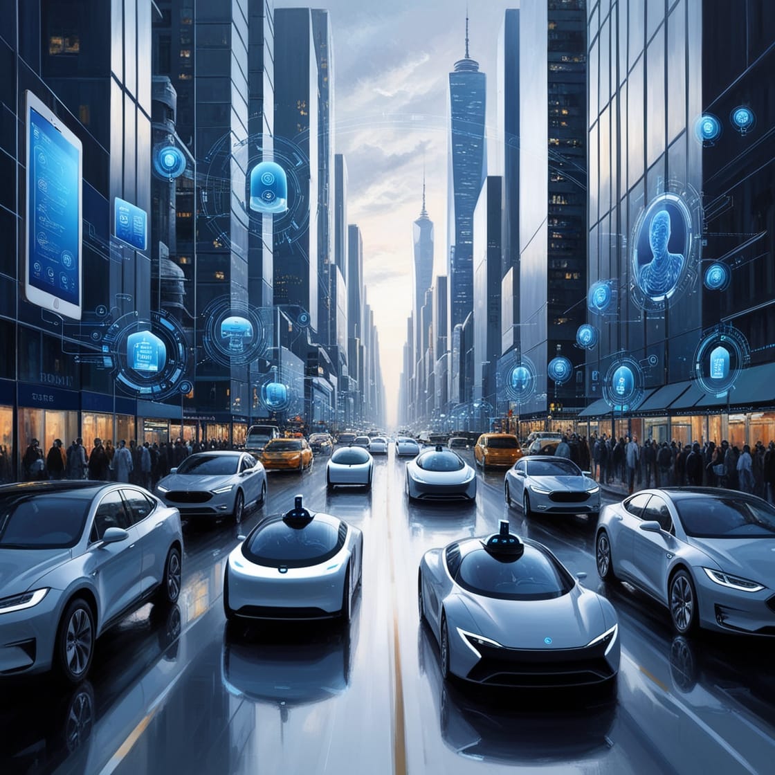 A futuristic city street filled with autonomous vehicles. Digital icons representing connectivity and various data hover above the cars. Skyscrapers line both sides of the road, with people walking along the sidewalks. A tall tower looms in the background, hinting at smart homes within.