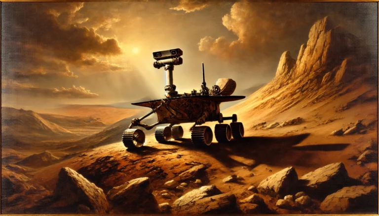 a painting of a robot on a rocky surface