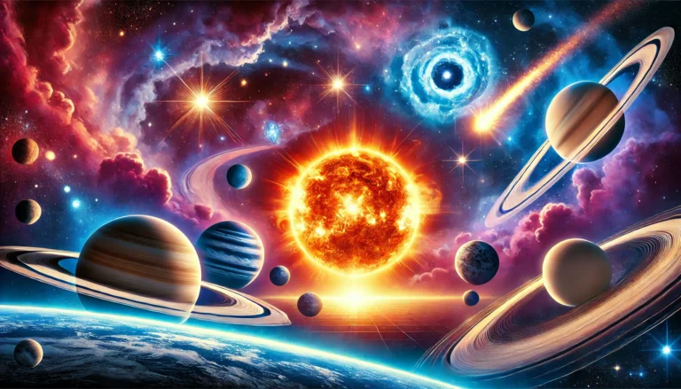 A colorful depiction of planets and cosmic elements surrounding a bright sun in the solar system, with vibrant nebulae, stars, and hints of new worlds.