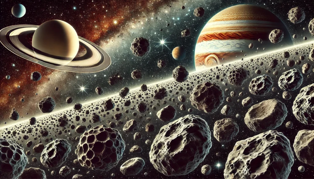 A dense asteroid belt stretches across space with Saturn and Jupiter visible in the background.