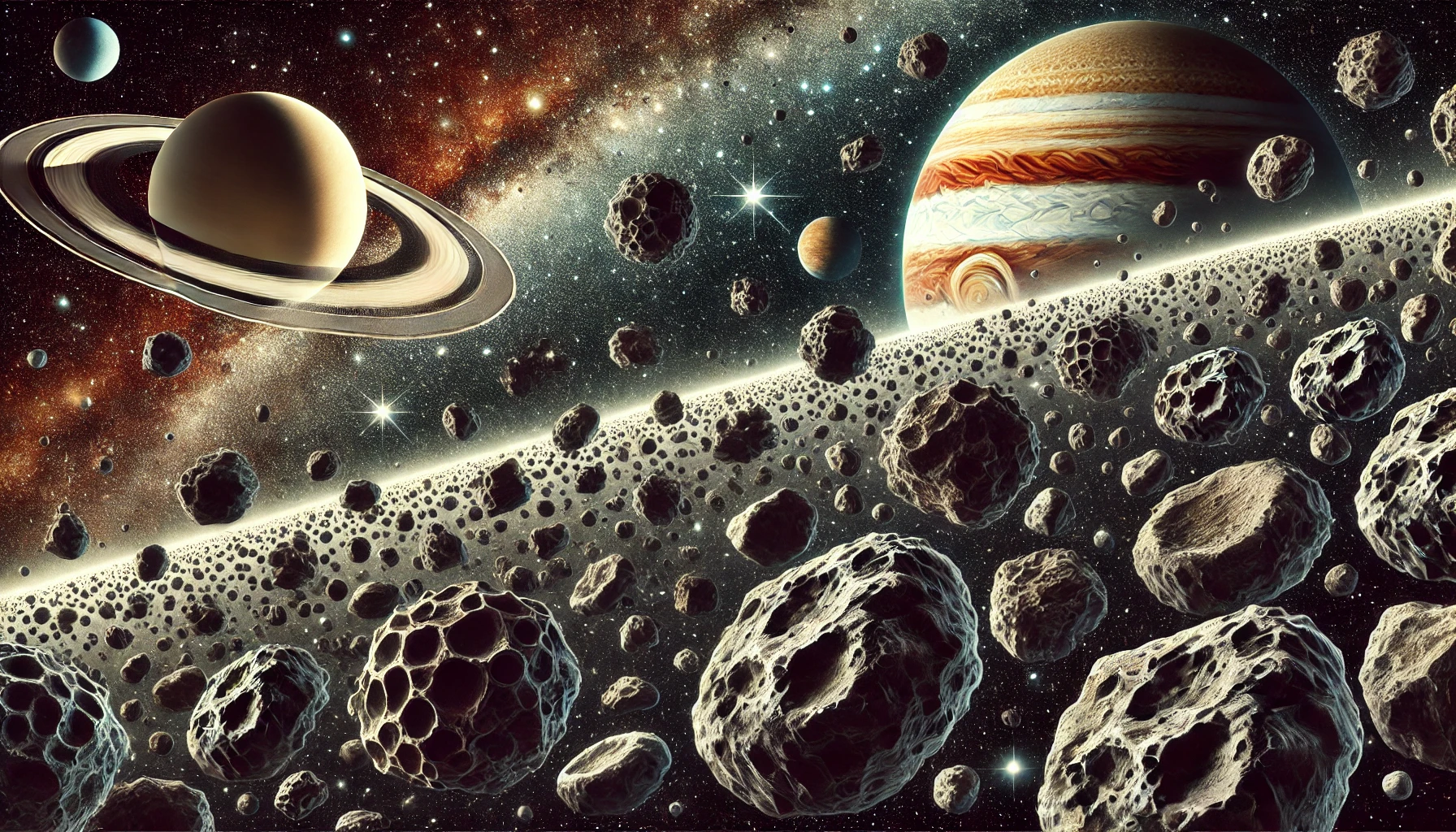 A dense asteroid belt stretches across space with Saturn and Jupiter visible in the background.