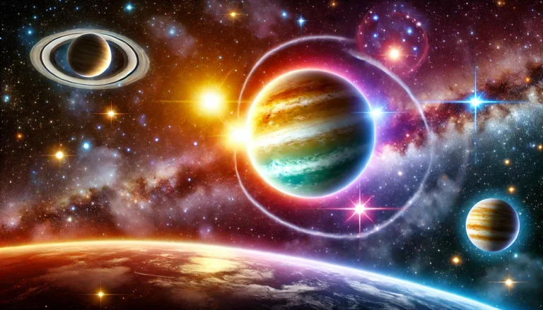 Vibrant space scene with planets, stars, and a colorful galaxy in the background. Earth is visible in the foreground, hinting at new worlds and distant exoplanets waiting to be explored.