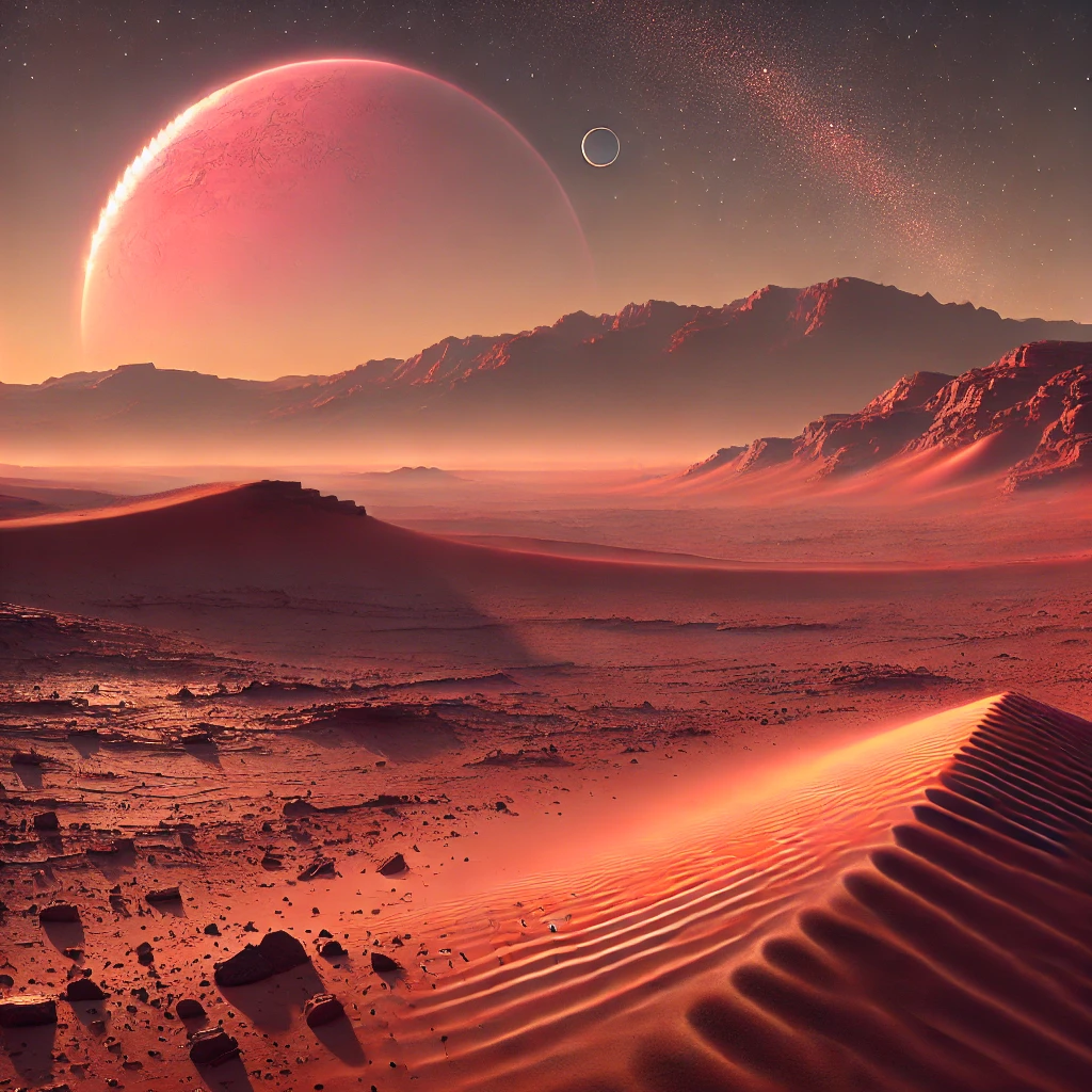 A red alien landscape with sand dunes, rocky terrain, and a large planet accompanied by a smaller moon visible in the sky—a scene evoking thoughts of life on Mars or being alone in the Solar System.