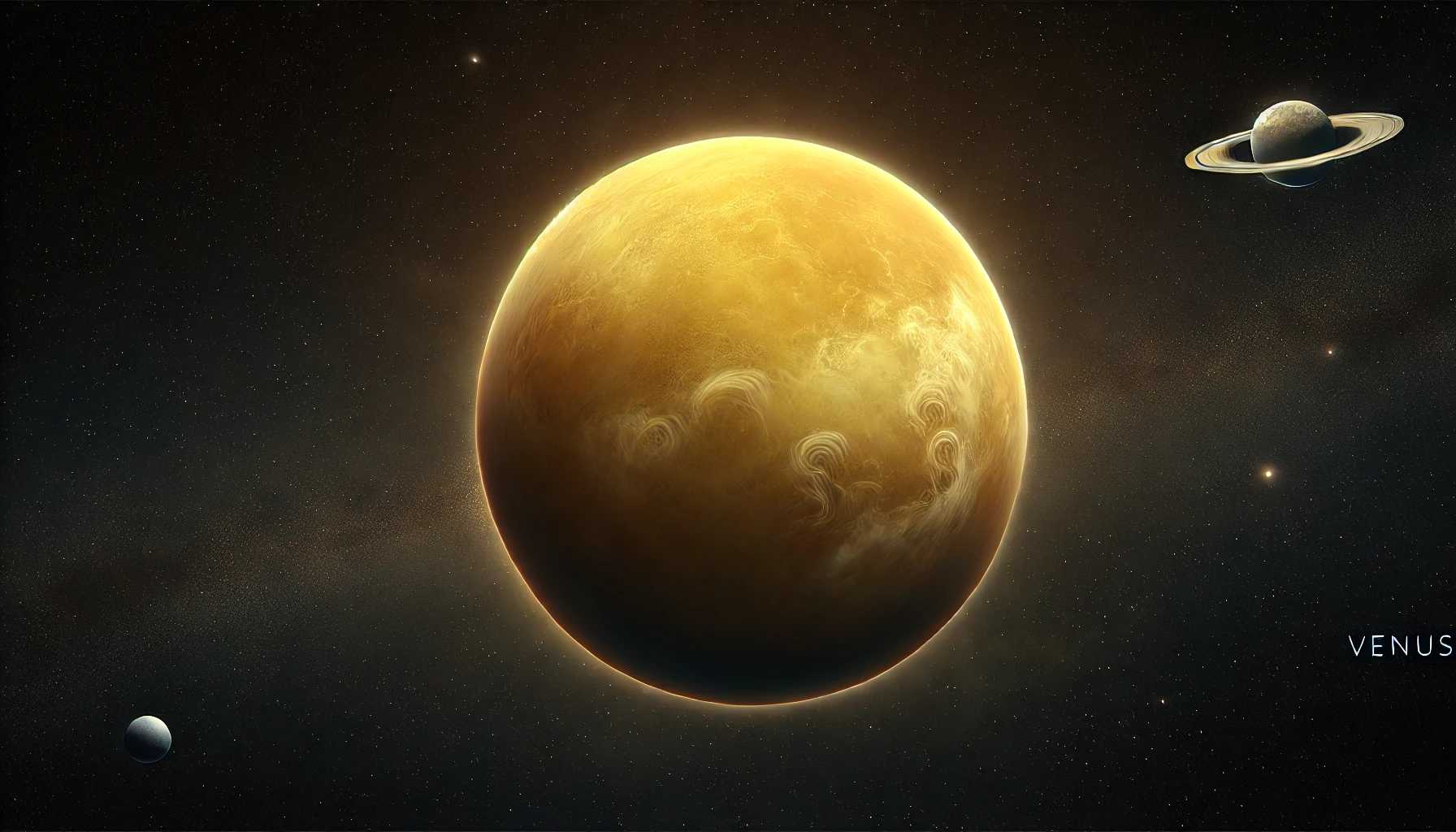 A digital illustration of Venus, Earth's Twin, showcases its yellow clouds alongside two smaller celestial bodies and a ringed planet in the background.