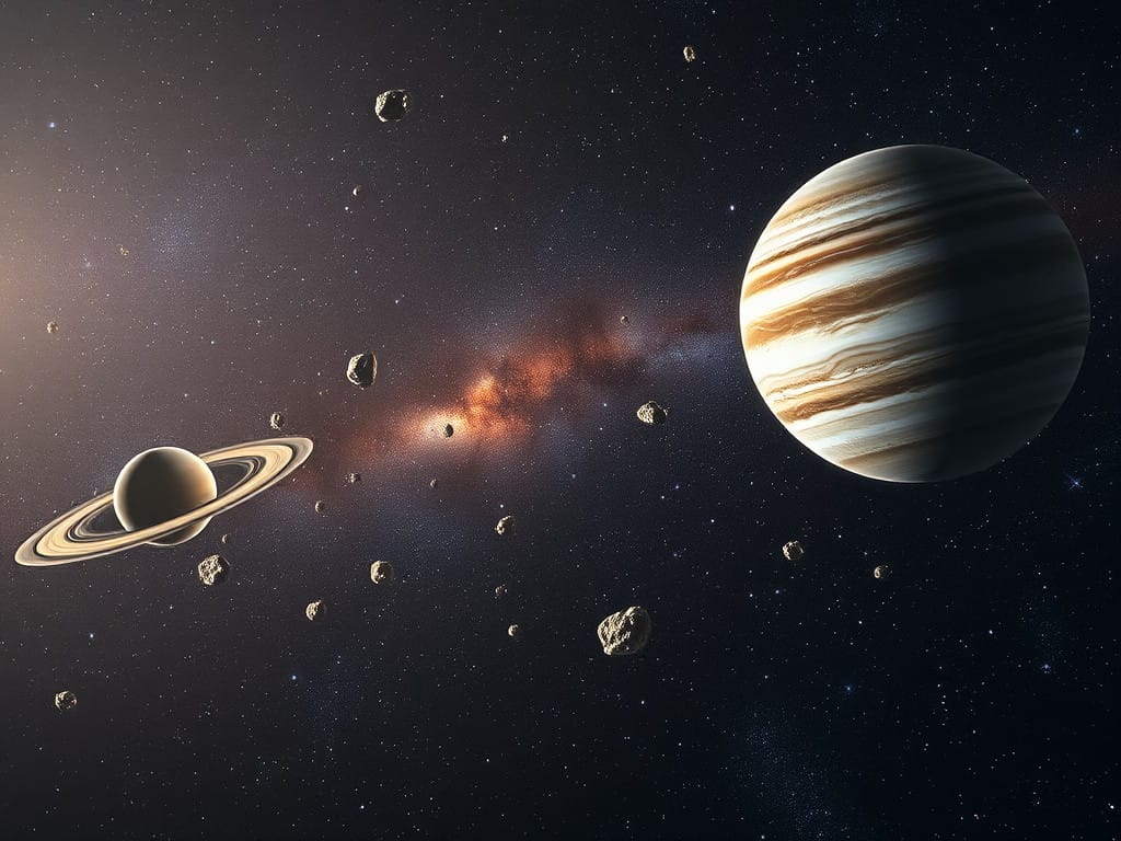 As I float amidst the vast emptiness, my eyes widen in awe at the cosmic tableau unfurling before me. Here, nestled within a vibrant asteroid belt, are two magnificent planets adorned with splendid rings and swirling patterns that seem to dance with mystery and secrets. Beyond them lies a breathtaking galaxy, its colorful arms stretching expansively through the void. Shades of orange and pink from this galactic marvel illuminate everything around me, beckoning me closer to unveil the mystic myths and wonders hidden in these starscapes. What stories do these celestial bodies hold? What unknown treasures await among their twinkling lights? As a curious explorer of this final frontier, I find myself irresistibly drawn to uncovering each thrilling detail of this astonishing universe!