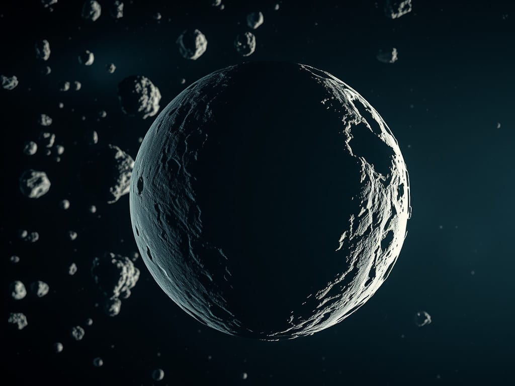 Behold, a colossal marvel drifting through the velvet expanse of the Asteroid Belt! Before my eyes is an enormous, textured asteroid, standing out against the seemingly infinite darkness that wraps around it. Lesser companions orbit its presence—tiny asteroids floating like loyal escorts. The gentle illumination caresses its surface, revealing a tapestry of intricate details and scars from ancient cosmic events. This scene is both stark and powerful—the kind of celestial spectacle that sparks curiosity and beckons to be understood in mere moments amid the silent wonders of outer space.