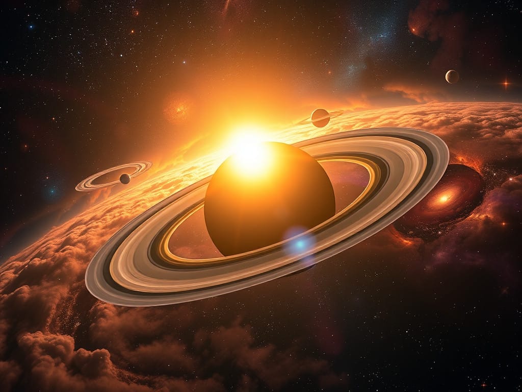 As I venture through the uncharted expanses of the cosmos, I've stumbled upon a truly mesmerizing spectacle! Behold, a radiant sun gleams with such intensity that it casts its brilliant light upon a neighboring planet adorned with magnificent rings. This celestial wonder lies cradled within an awe-inspiring nebula that swirls around it like an artist's masterpiece. Encircling this scene are other celestial bodies, each adding to the tapestry of this vibrant interstellar vista. The colors are so vivid and lively, bathed in luminous hues that dance across this cosmic ballet setting—a captivating atmosphere that feels both infinite and intimate at once. What marvels space holds for explorers like me!