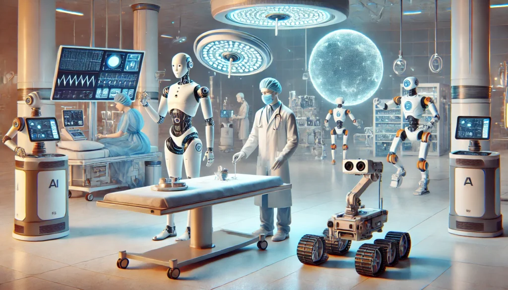 A futuristic lab brimming with the latest developments in AI and robotics features a medical professional, monitors, and advanced technology in a sleek clinical setting.