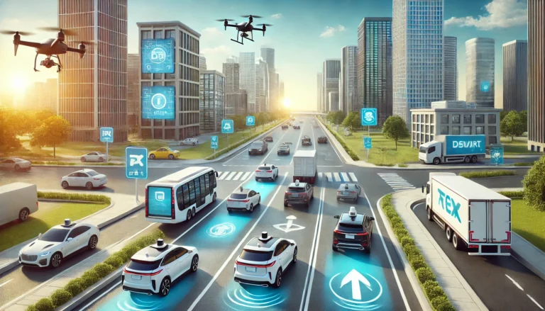In a futuristic cityscape, Waymo and Tesla's autonomous vehicles glide smoothly as drones navigate the skies. Digital interfaces seamlessly display traffic data and directions, ensuring efficient travel through this high-tech urban environment.
