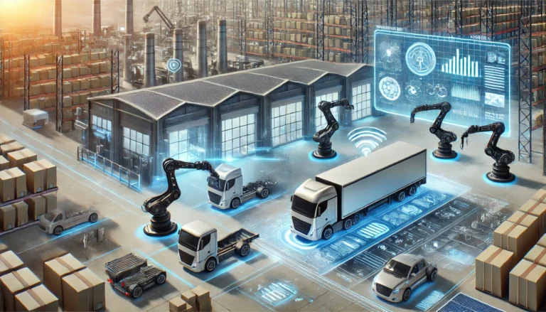 Futuristic warehouse scene with automated robotic arms, Tesla trucks, and digital displays illustrating logistics and technology integration, showcasing remarkable autonomy.