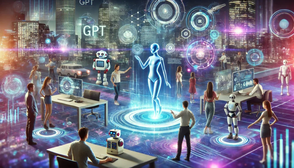 Amidst a futuristic cityscape, people engage with AI holograms, robots, and digital interfaces. Ethical challenges are at the forefront as GPT innovations reshape interactions and redefine boundaries in this technologically advanced society.