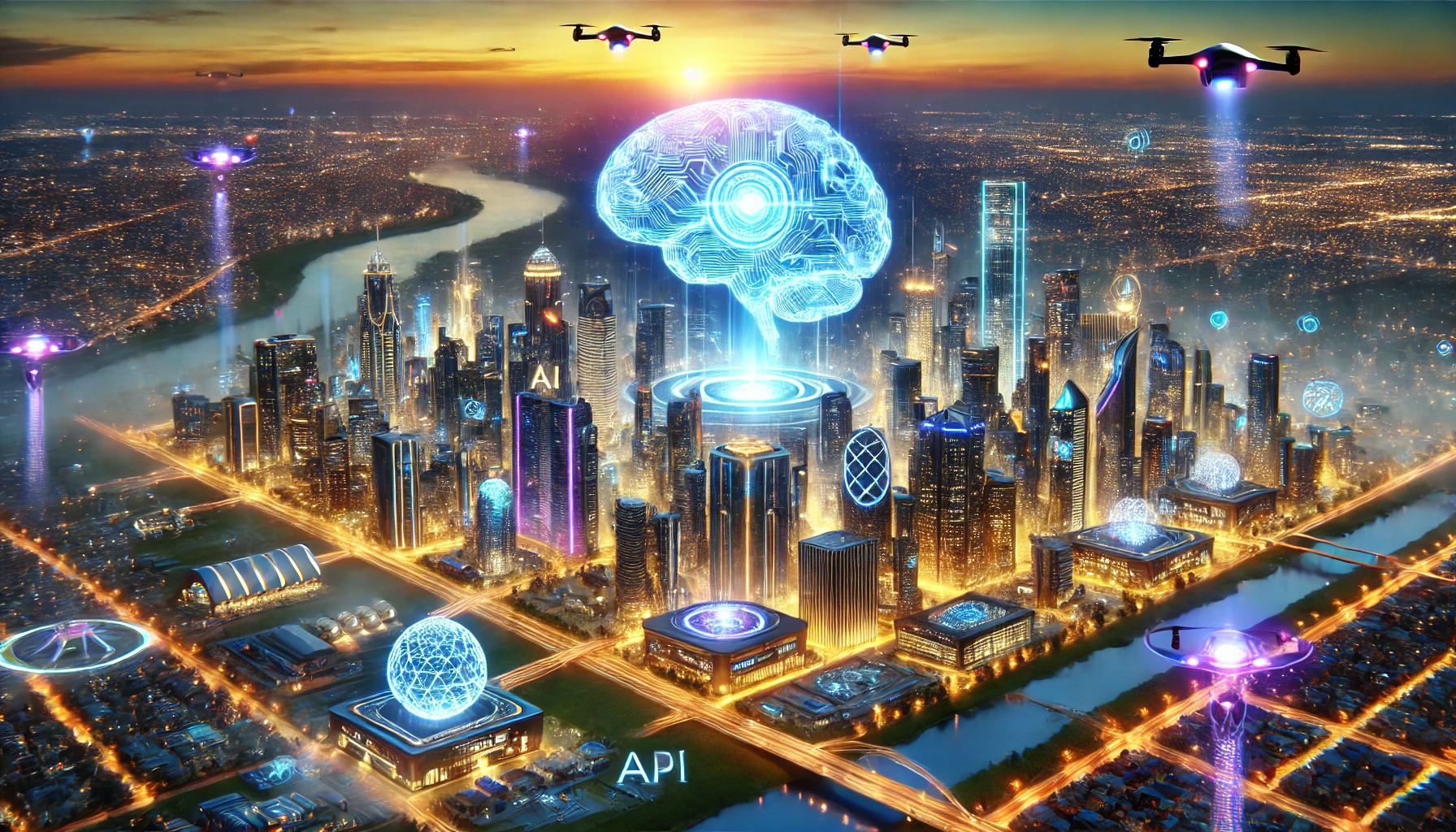 As the sun sets over the futuristic cityscape, drones navigate through the sky while holographic AI icons dance on illuminated skyscrapers. The skyline, brimming with technological innovations, reflects on the river below, posing both awe and ethical challenges for tomorrow's world.