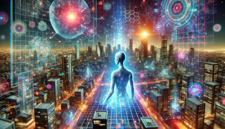 In the heart of a futuristic cityscape, a digital figure navigates through vibrant lights and holographic elements, epitomizing the seamless integration of technology within the Metaverse. Here, AI-driven virtual experiences redefine reality in an ever-evolving digital realm.