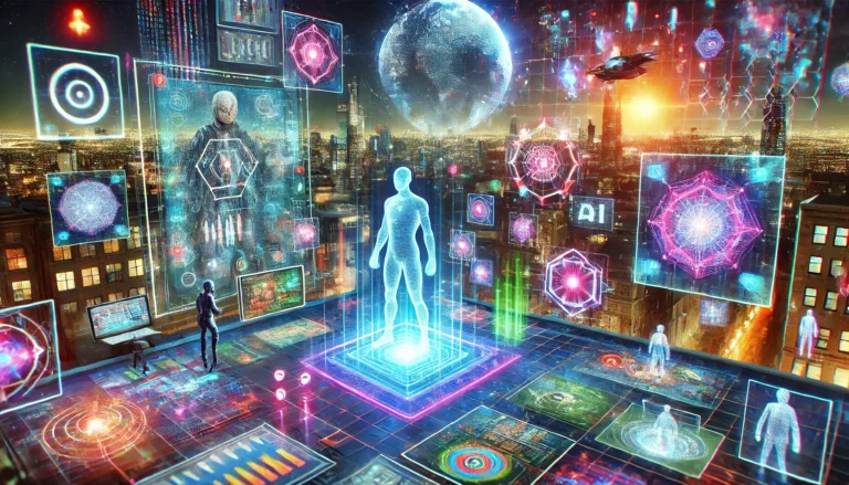 A digital cityscape filled with holographic human figures and futuristic interfaces thrives in the metaverse, while a glowing planet paints the background, setting the stage for immersive virtual experiences.