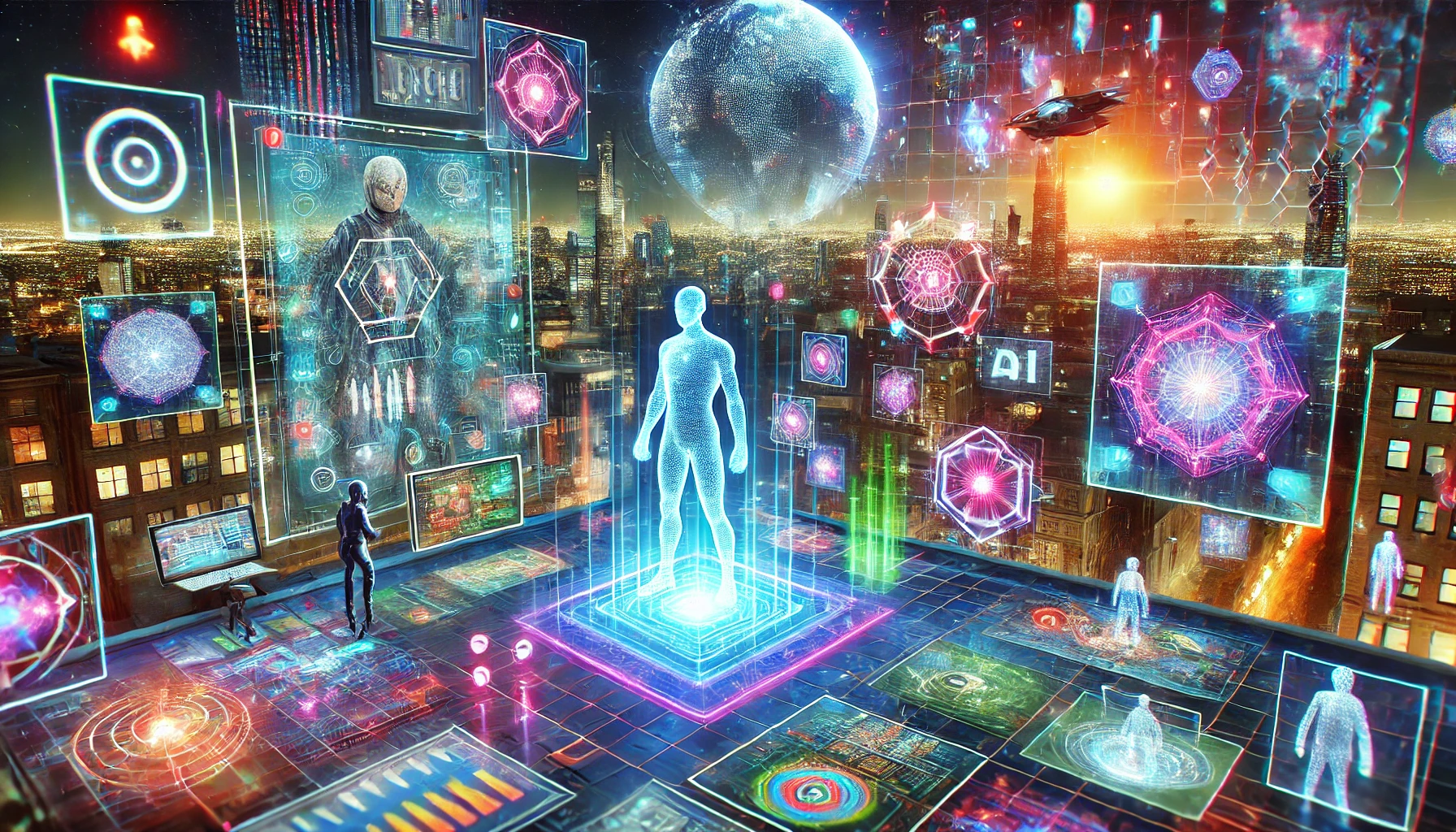A digital cityscape filled with holographic human figures and futuristic interfaces thrives in the metaverse, while a glowing planet paints the background, setting the stage for immersive virtual experiences.