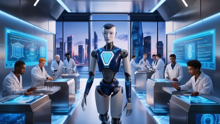 A humanoid robot, fueled by generative AI, stands in a high-tech lab where scientists work at stations, the futuristic cityscape visible through large windows.