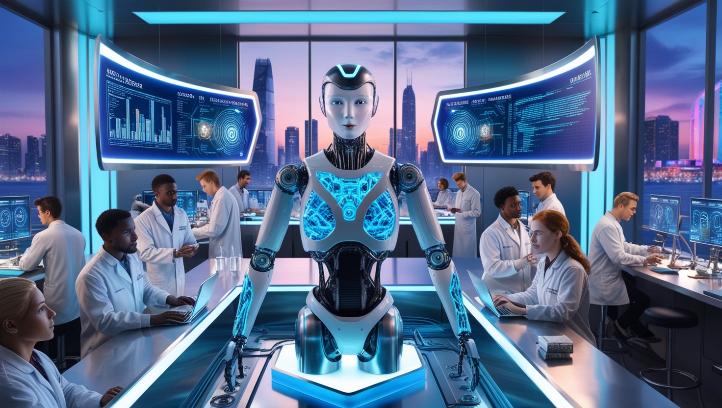 In a high-tech lab, a humanoid robot stands surrounded by scientists, as large digital screens display data and insights from cutting-edge AI in the background.