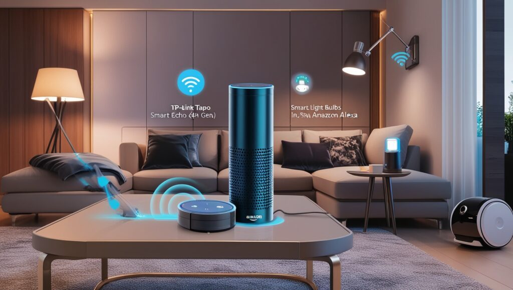 Amazon Echo smart speaker in a living room controlling connected lights, plugs and a robot vacuum