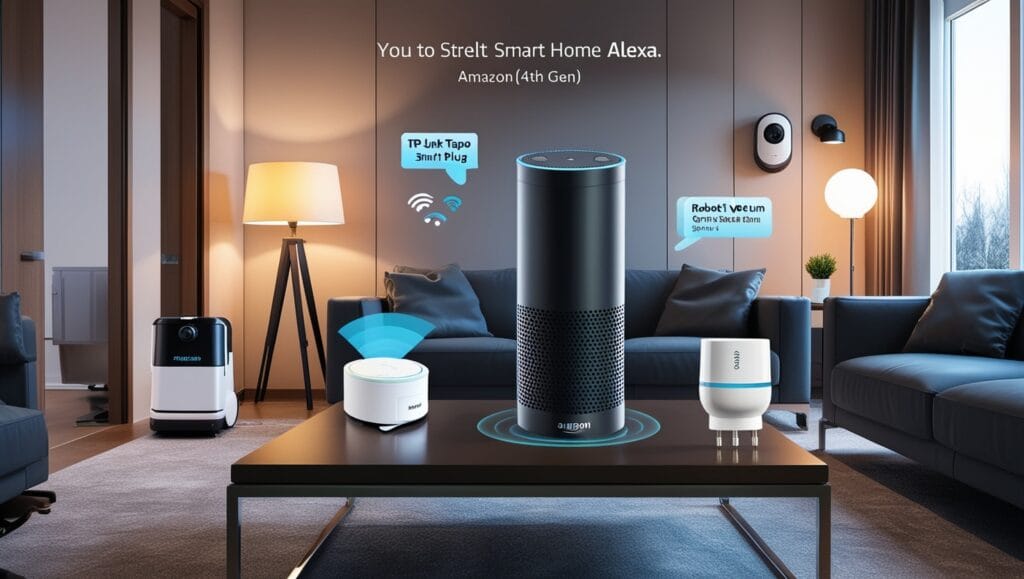 Smart home living room with an Amazon Echo, smart plug, security camera and other Alexa-compatible devices
