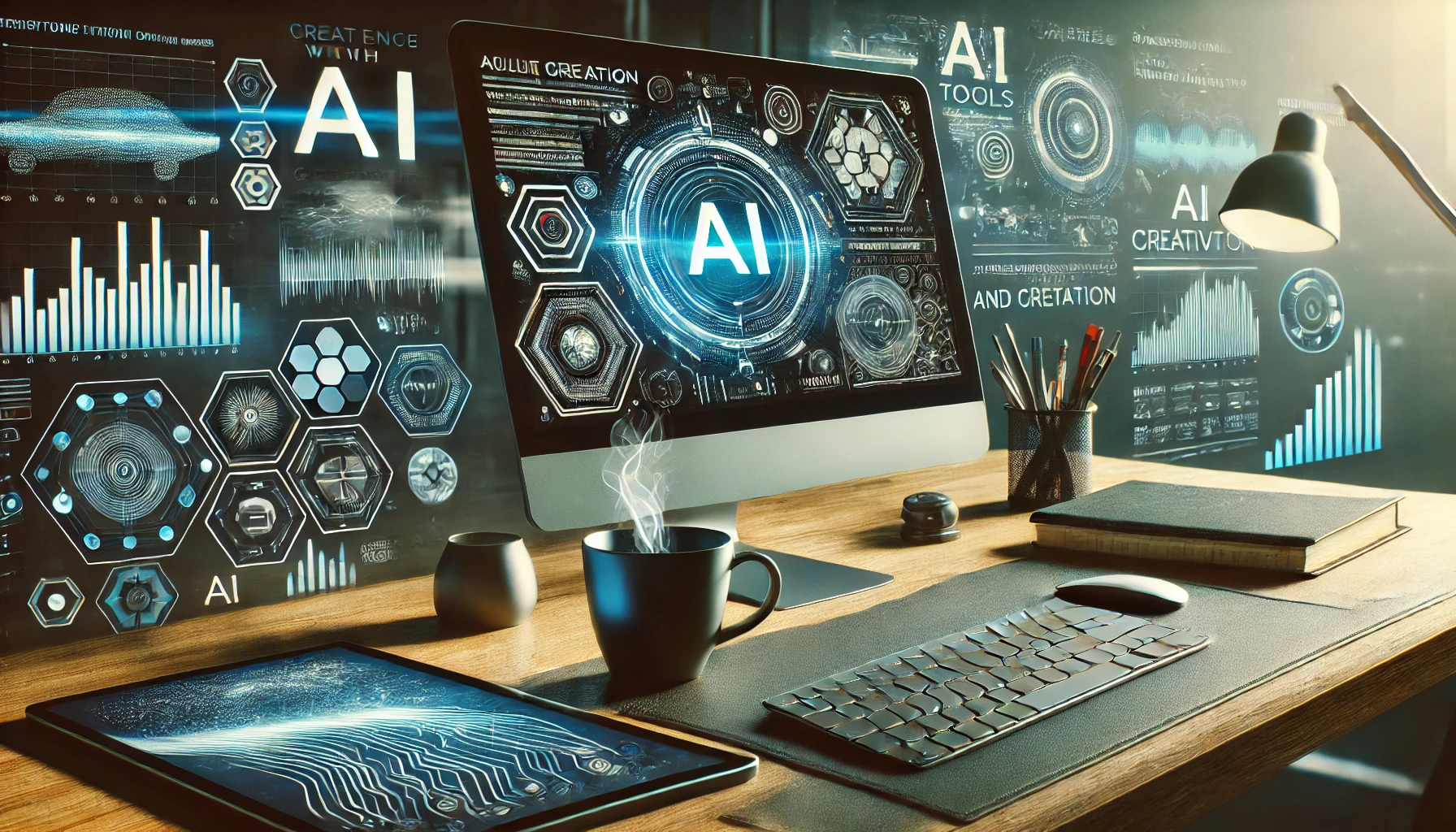 Dall·e 2025 01 01 15.05.46 A Futuristic Workspace Featuring A Computer Screen Displaying Ai Generated Text And Visuals. The Desk Has A Sleek Design With Tech Gadgets Like A Tabl