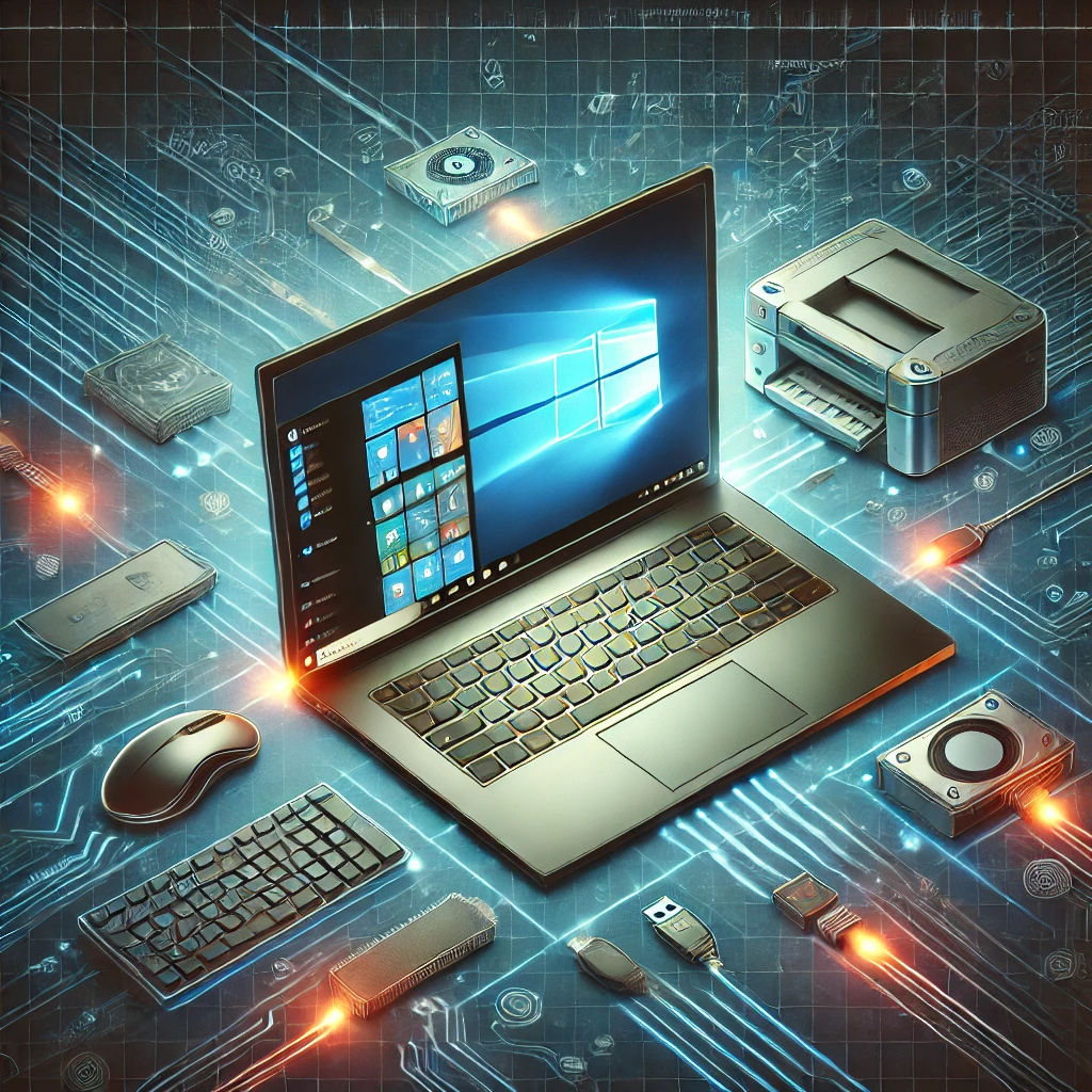 Dall·e 2025 02 08 14.40.00 A High Tech, Futuristic Digital Illustration Featuring A Laptop With A Glowing Screen Displaying A Windows Interface. Surrounding The Laptop Are Vario