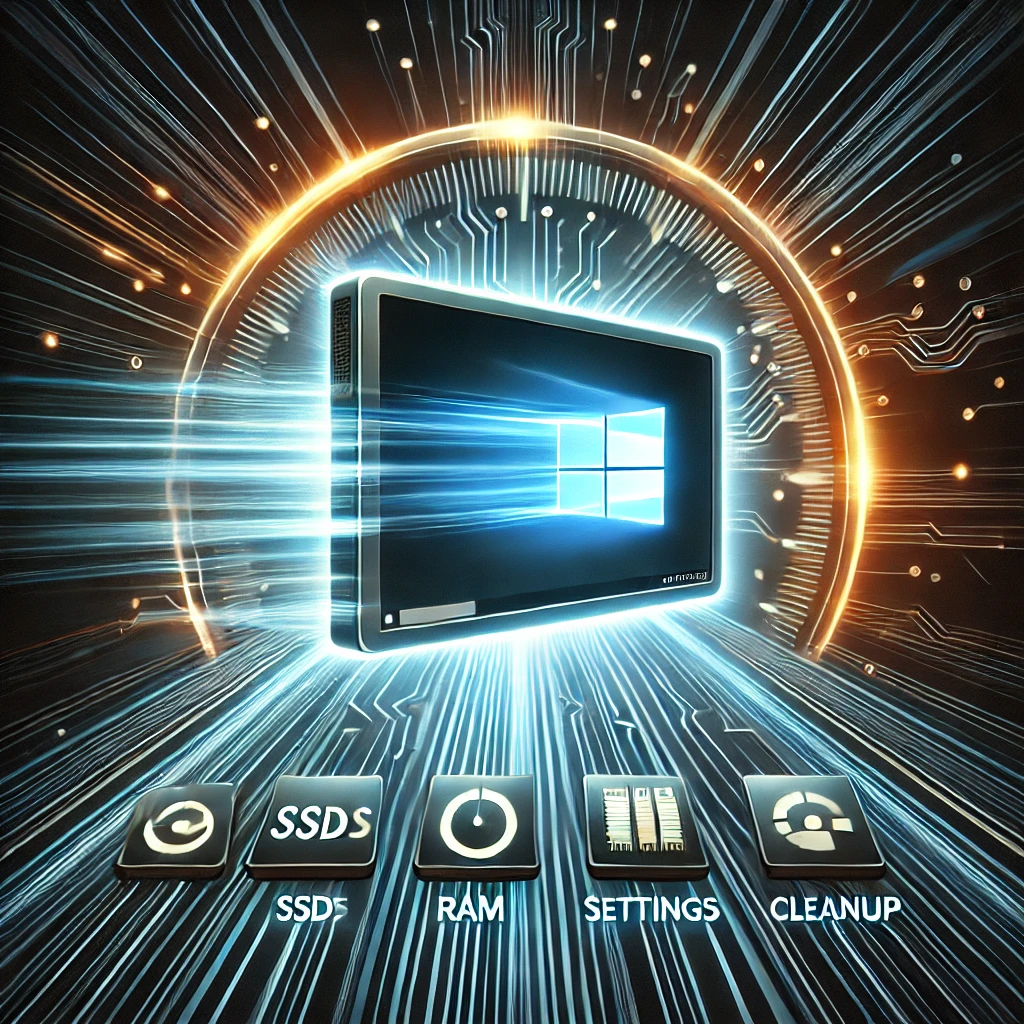Dall·e 2025 02 08 15.27.00 A Futuristic Digital Illustration Featuring A Windows Pc With A Glowing, High Tech Interface. The Background Has Speed Lines And Circuit Board Pattern