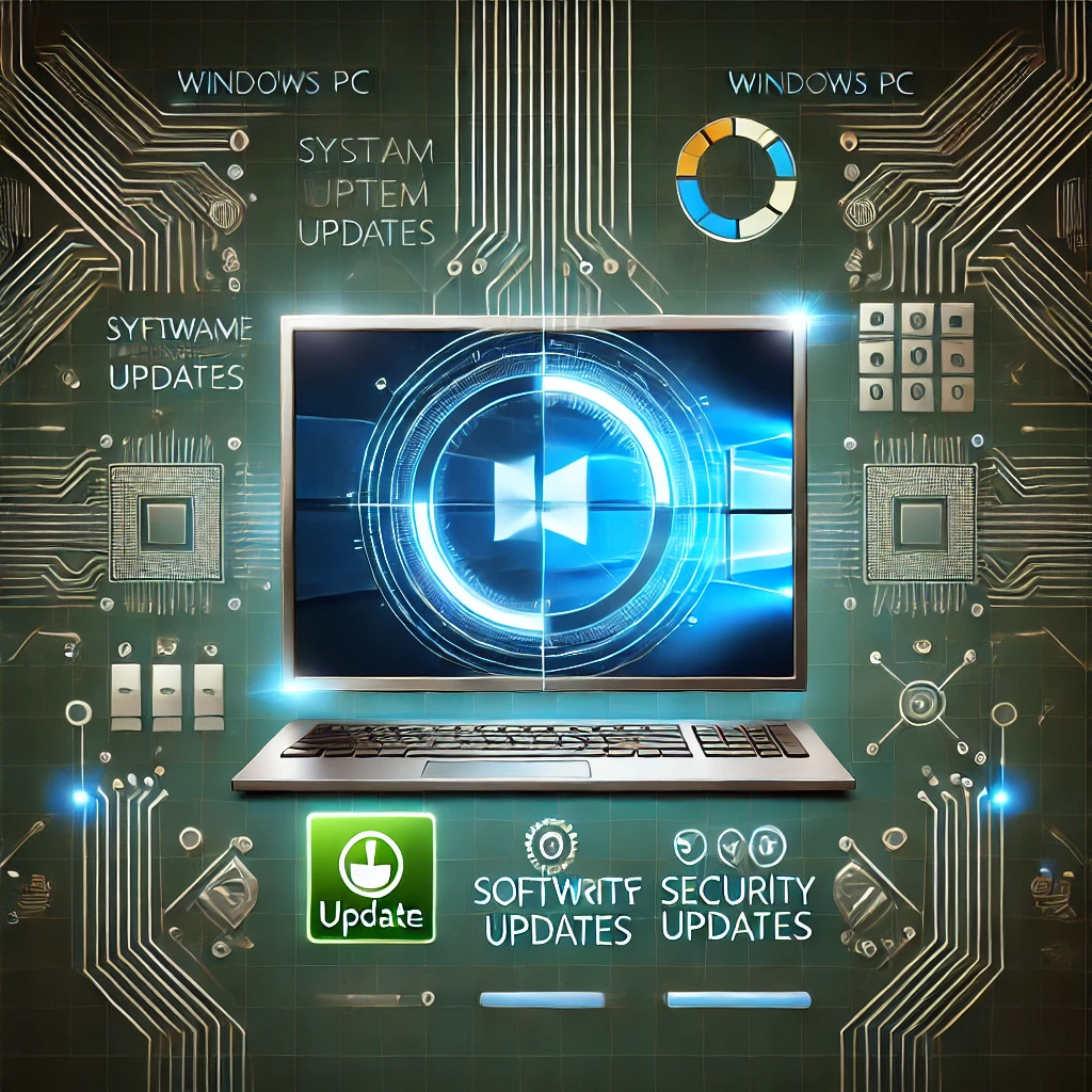 Dall·e 2025 02 08 18.11.37 A Futuristic Digital Illustration Featuring A Windows Pc With A Glowing Update Icon On The Screen. The Background Has Circuit Board Patterns And Progr