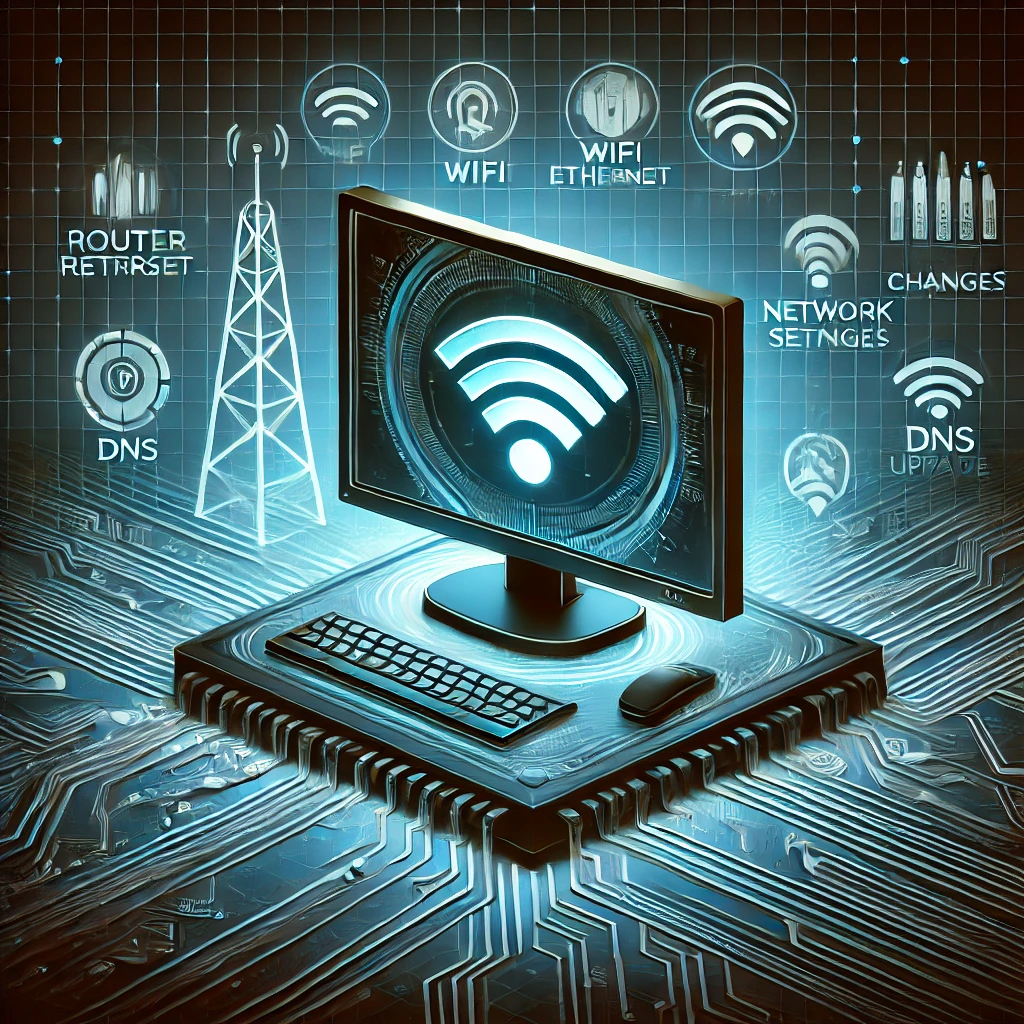 Dall·e 2025 02 08 18.27.20 A Futuristic Digital Illustration Featuring A Windows Pc With A Wifi And Ethernet Icon Glowing On The Screen. The Background Has Circuit Board Pattern