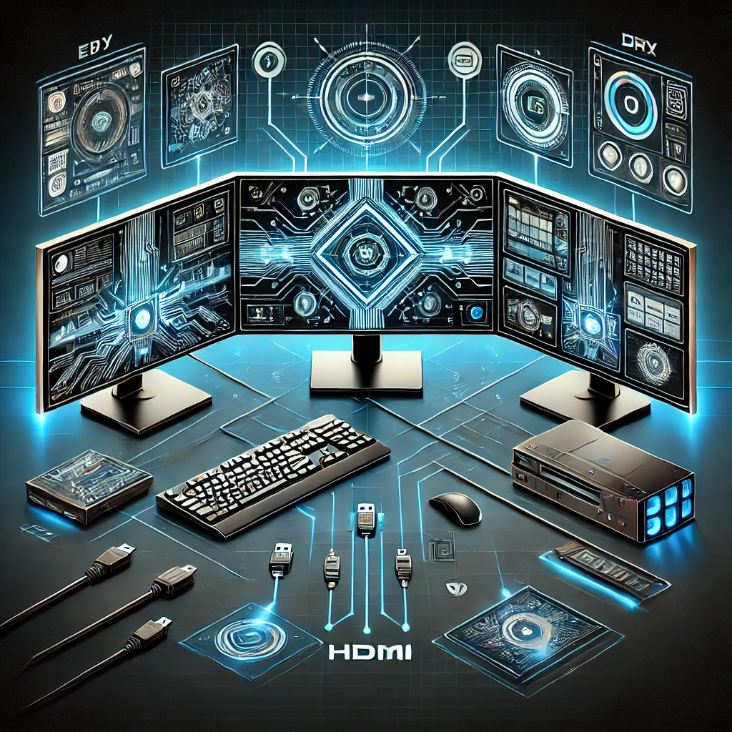 Dall·e 2025 02 16 13.57.07 A Futuristic Digital Illustration Featuring A Multi Monitor Workstation Setup With A Sleek, High Tech Aesthetic. The Background Has Circuit Board Patt