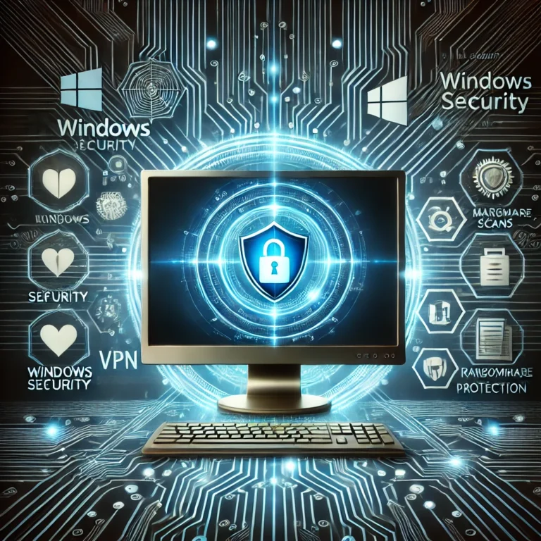 Dall·e 2025 02 16 14.03.25 A Futuristic Digital Illustration Featuring A Windows Pc With A Glowing Shield Icon On The Screen, Symbolizing Cybersecurity. The Background Has Circu
