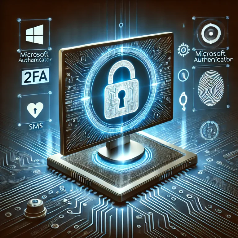 Dall·e 2025 02 16 14.05.52 A Futuristic Digital Illustration Featuring A Windows Pc With A Glowing Lock Icon On The Screen, Symbolizing Two Factor Authentication (2fa) Security