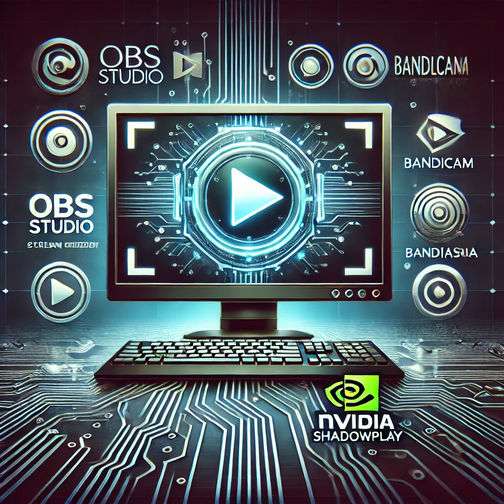 Dall·e 2025 02 16 14.09.10 A Futuristic Digital Illustration Featuring A Windows Pc With A Glowing Play Record Icon On The Screen, Symbolizing Screen Recording And Streaming. Th