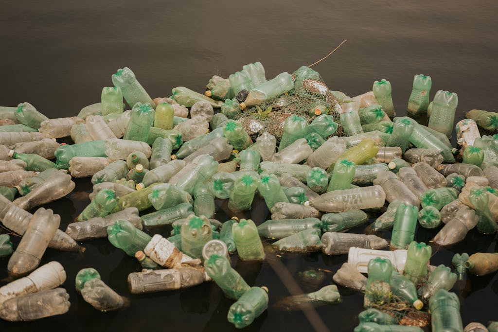 A collection of plastic bottles polluting a body of water, highlighting environmental issues.